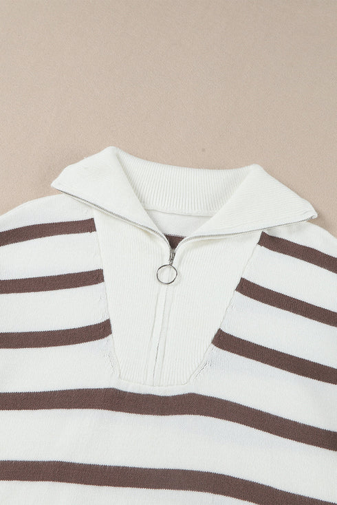 Striped O-Ring Zip Front Collared Drop Shoulder Long Sleeve Sweater Dress